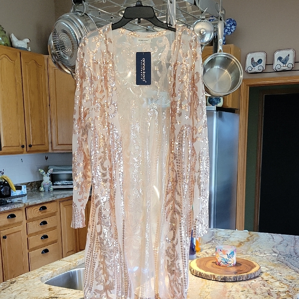 anna-kaci Sequined Open Front Duster Cardigan - Blush Champagne